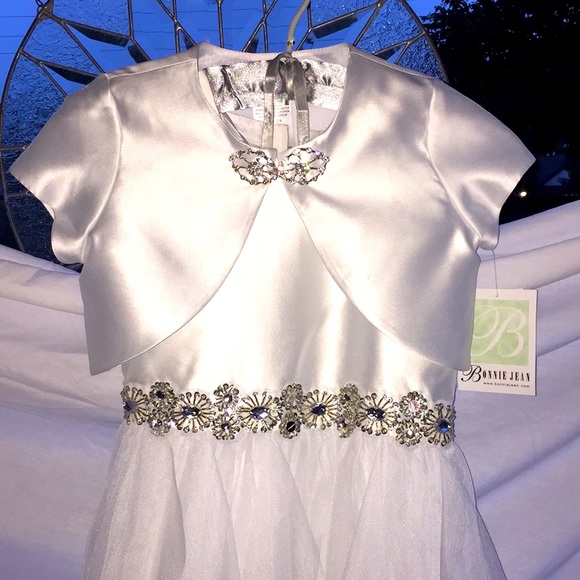 BONNIE JEAN TULLE & SATIN DRESS WITH BOLERO JACKET & RHINESTONE CLASP - Picture 4 of 13